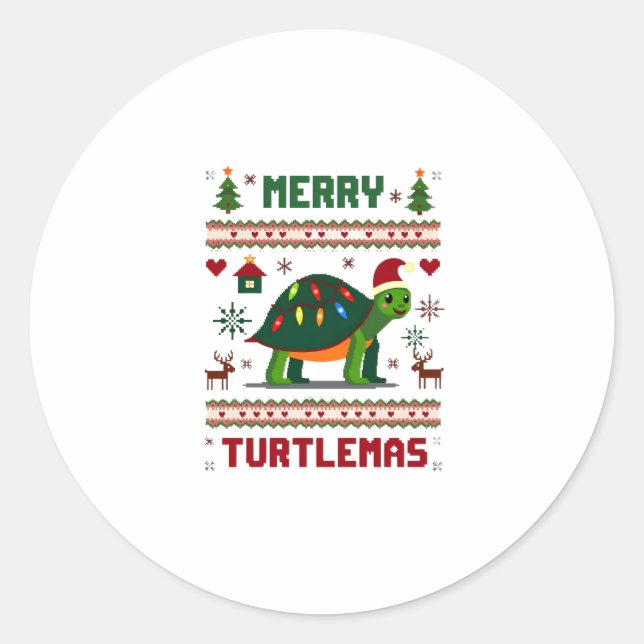 Adesivo Redondo Merry Turtlemas Christmas Lights Cute Turtle Santa (Frente)