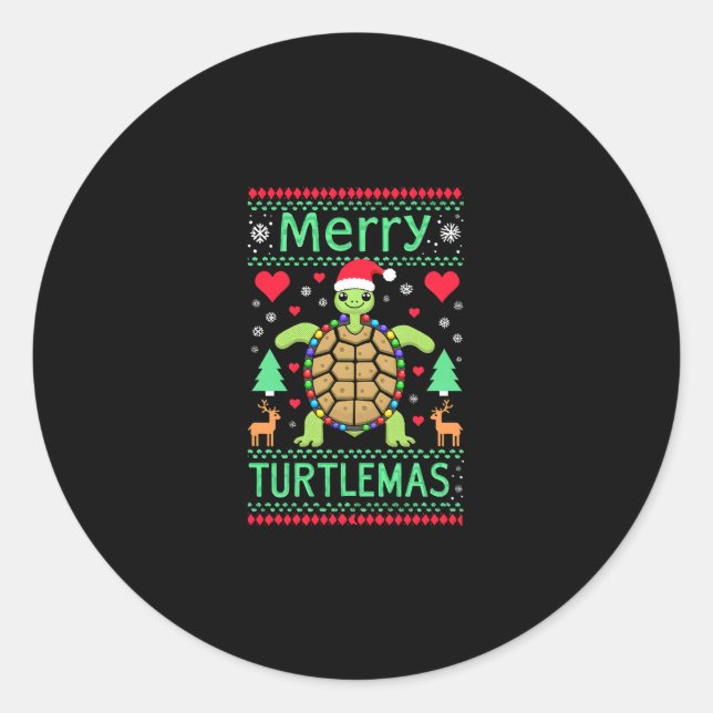 Adesivo Redondo Merry Turtlemas Christmas Lights Cute Turtle Santa (Frente)