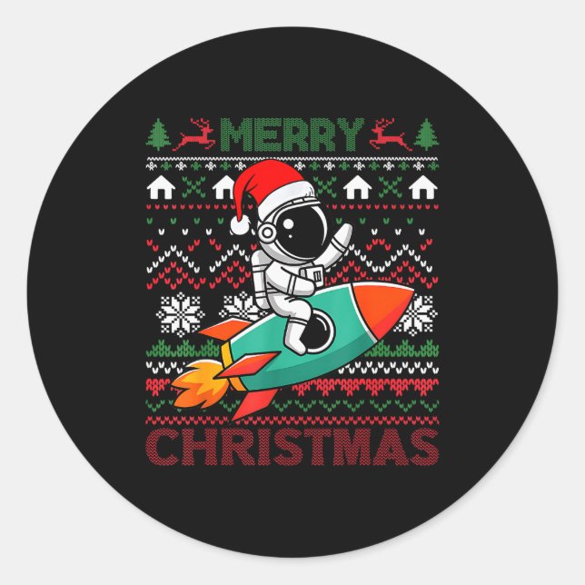 Adesivo Redondo Merry Ugly Christmas Santa Hat Astronaut Riding Ro (Frente)