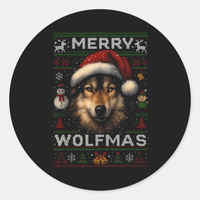 Adesivo Redondo Merry Wolfmas Merry Christmas Wolf Ugly Sweater Fu (Frente)