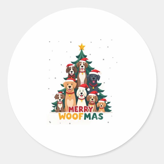 Adesivo Redondo Merry Woofmas - Merry Christmas For Dog Lovers (2) (Frente)