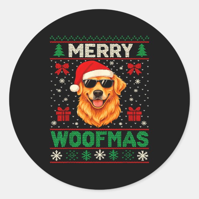 Adesivo Redondo Merry Woofmas Ugly Christmas Jumper Xmas Dog Lover (Frente)