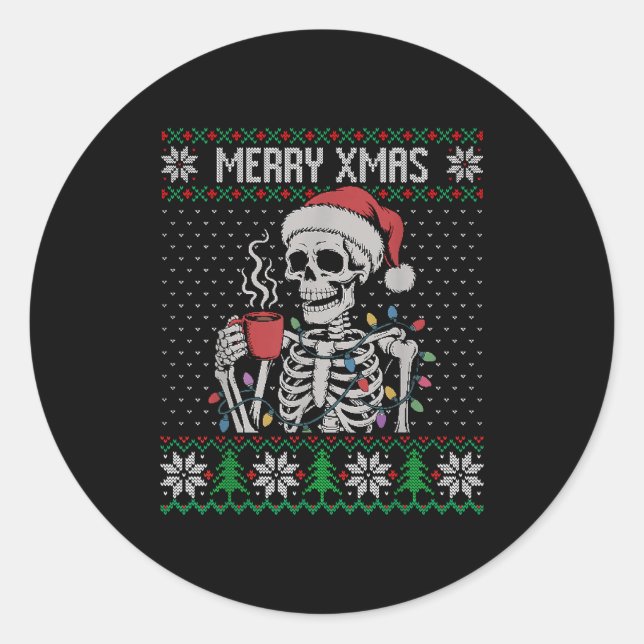 Adesivo Redondo Merry Xmas Skeleton Ugly Sweater, Skull Wearing Sa (Frente)