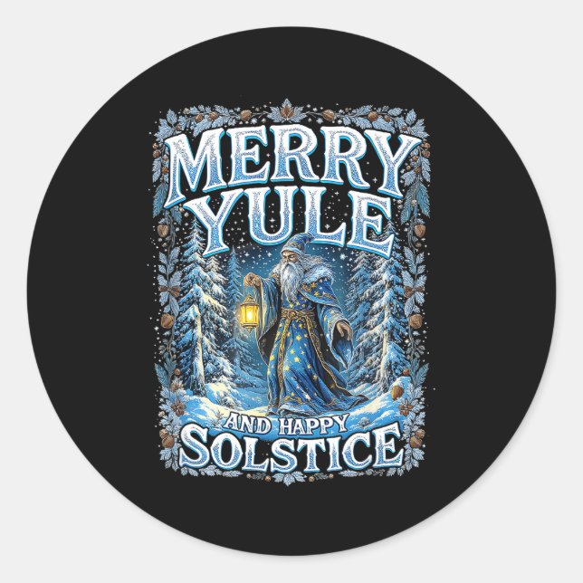 Adesivo Redondo Merry Yule And Happy Solstice Mystic Winter Quote  (Frente)
