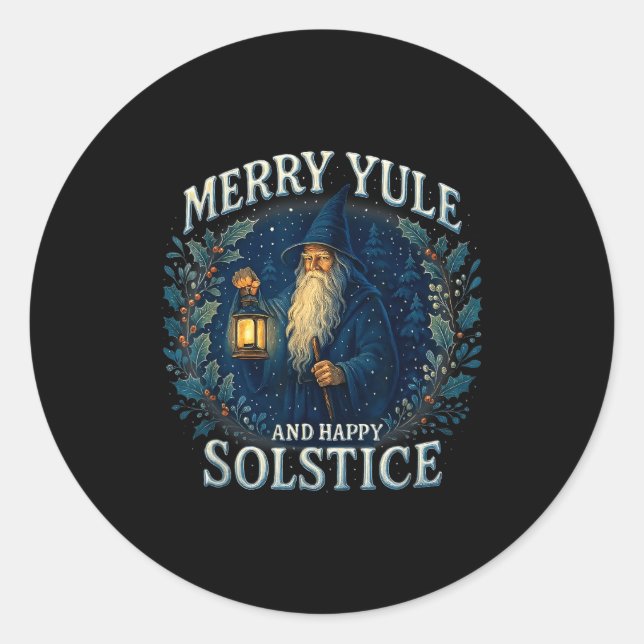 Adesivo Redondo Merry Yule And Happy Solstice Mystic Winter Quote  (Frente)