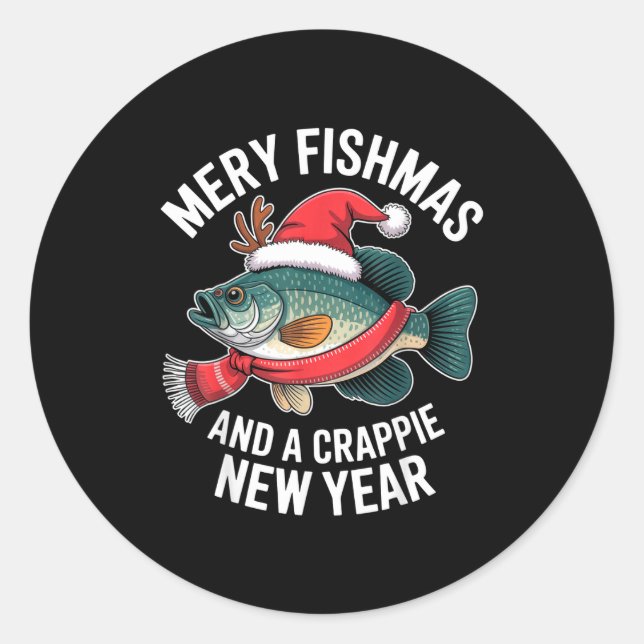 Adesivo Redondo Mery Fishmas And A Crape New Year Funny Fishing Ch (Frente)