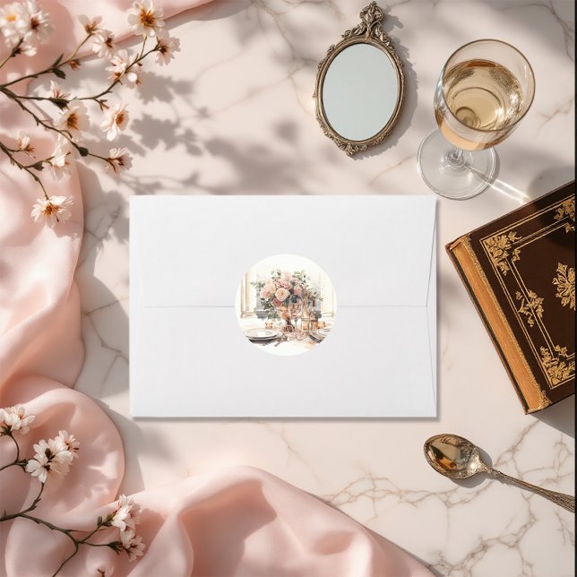 Adesivo Redondo Mesa posta romântica de casamento com dinheiro ant (Elegant Old Money Romantic Tablescape Wedding Classic Round Sticker)