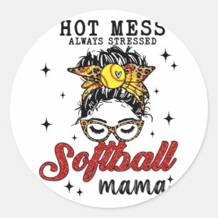 Adesivo Redondo Mess Always Stress Softball Mama
