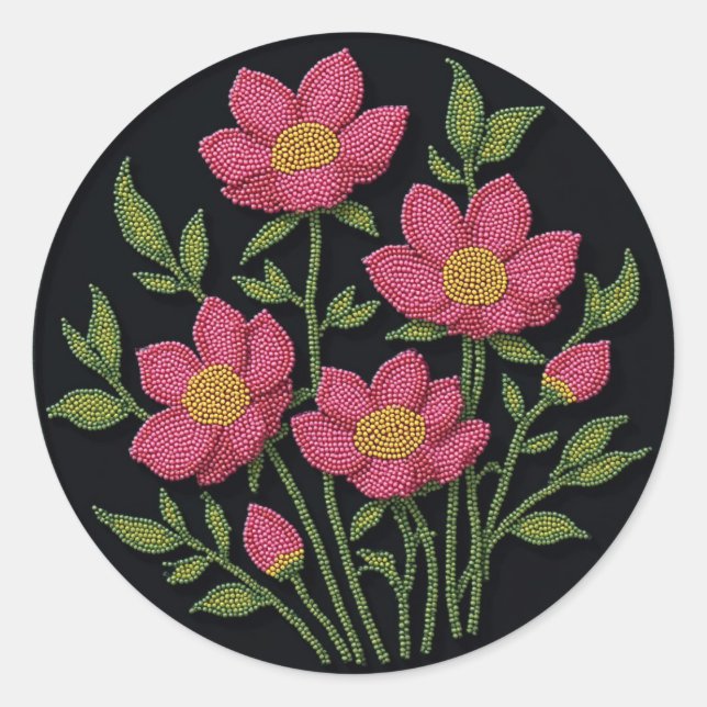 Adesivo Redondo Metis Beadwork Native Art Cosmos Flowers Stickers (Frente)