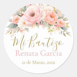 Adesivo Redondo Meu Batismo flores rosas