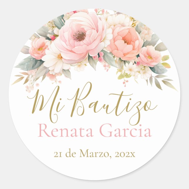 Adesivo Redondo Meu Batismo flores rosas (Frente)