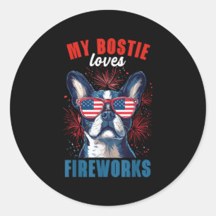 Adesivo Redondo Meu Boston Terrier ama fogos de artifício no dia 4