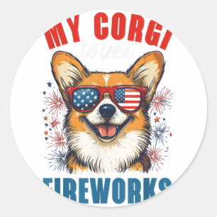 Adesivo Redondo Meu Corgi ama fogos de artifício no dia 4 de julho