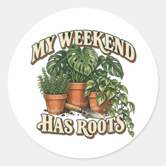 Adesivo Redondo Meu Fim de Semana Tem Raízes Retro Plantas de Casa