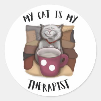 Adesivo Redondo Meu gato é meu terapeuta. Gato de café