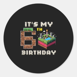 Adesivo Redondo Meu Jogo de Pixel de Aniversário de 6 Anos Bolo de
