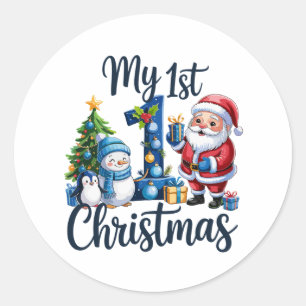 Adesivo Redondo Meu Primeiro 1º Natal Azul Bebê Menino Xmas Boneco