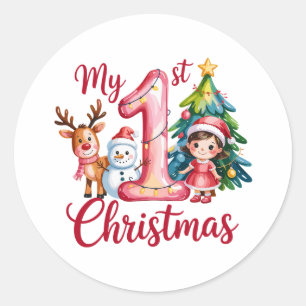 Adesivo Redondo Meu Primeiro 1º Natal Rosa Menina Bebê Xmas Boneco