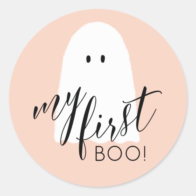 Adesivo Redondo Meu Primeiro Boo Cute Halloween Fantasma Peach (Frente)