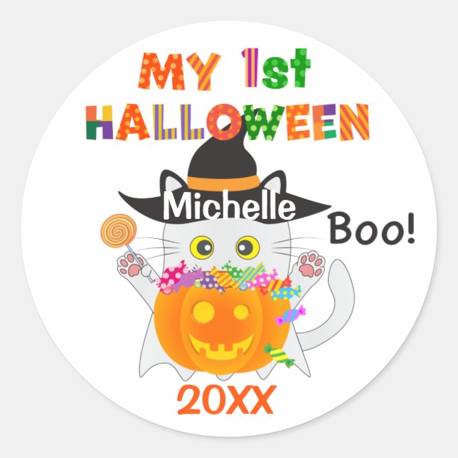 Adesivo Redondo Meu primeiro gato fantasma de Halloween (Frente)