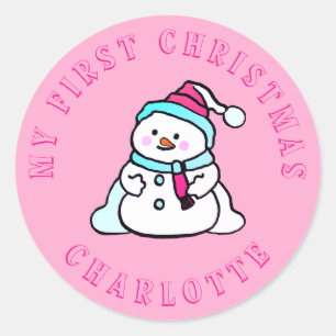 Adesivo Redondo Meu Primeiro Natal Rosa Personalizado de Neve