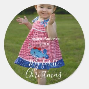 Adesivo Redondo meu primeiro nome de foto da menina de Natal, ano