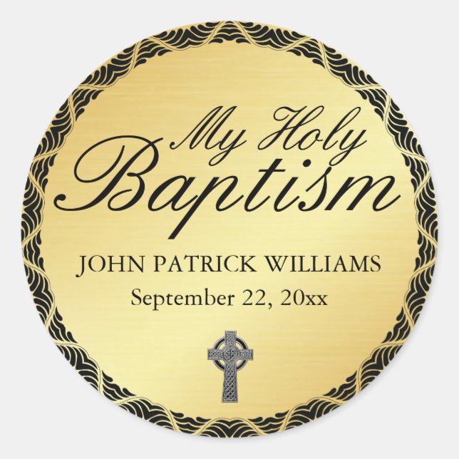 Adesivo Redondo Meu Santo Batismo Dourado Envelope Selo com Cruz (Frente)