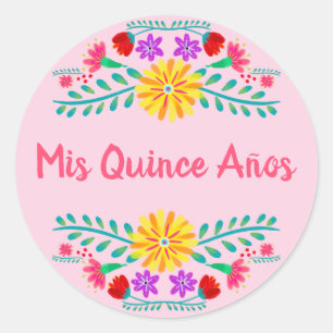 Adesivo Redondo Meus Quinze Anos de Festa Mexicana Rosa Flores