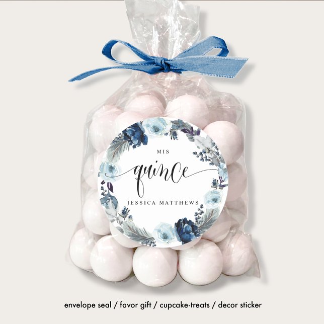 Adesivo Redondo Meus Quinze, Espanhol, Grinalda Azul Floral (Criador carregado)