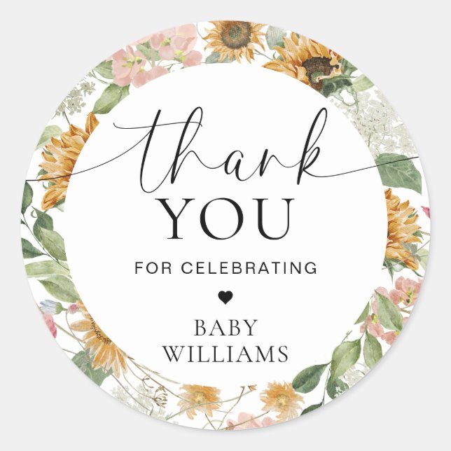 Adesivo Redondo Mews Sunflower Fall Chá de fraldas Obrigado Favor (Frente)