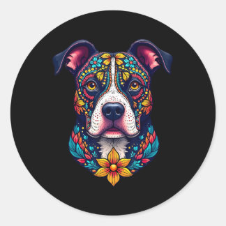 Adesivo Redondo Mexican Sugar Skull Pitbull Dog Dia De Muertos Hal