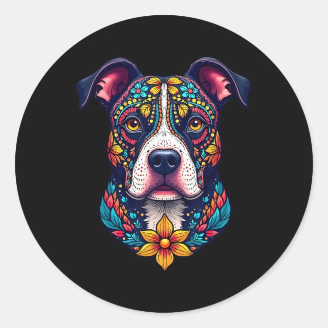 Adesivo Redondo Mexican Sugar Skull Pitbull Dog Dia De Muertos Hal (Frente)