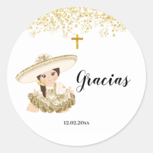 Adesivo Redondo Mexicana Dourada Charrita Baptism Sticker