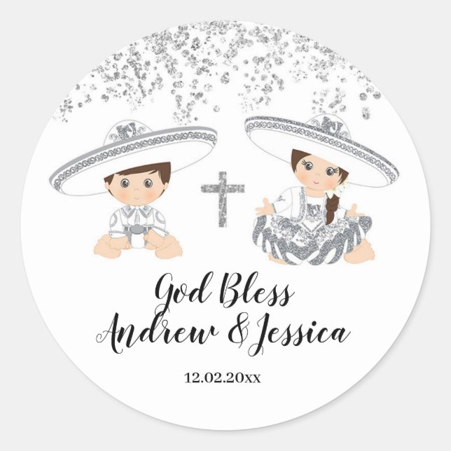Adesivo Redondo Mexicano Silver Charro Boy e Girl Baptism Sticker (Frente)