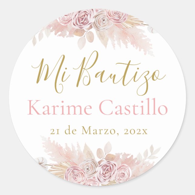 Adesivo Redondo Mi Bautizo rosa (Frente)