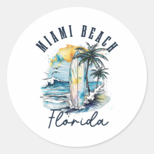 Adesivo Redondo Miami Beach Flórida Surf Vintage Surf Praia Surfis