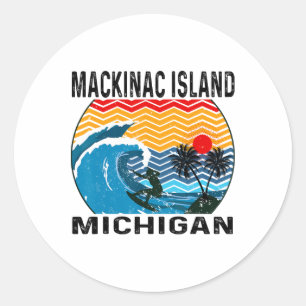 Adesivo Redondo Michigan Mackinac Island Prancha de Surfe Surfando