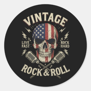 Adesivo Redondo Microfone de Fita com Caveira de Rock Vintage e Ba