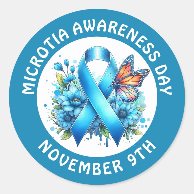 Adesivo Redondo Microtia Blue Awareness Day Ribbon and Butterfly (Frente)