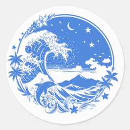 Adesivo Redondo Midnight Hawaii: Wave, Dolphin & Haleakala