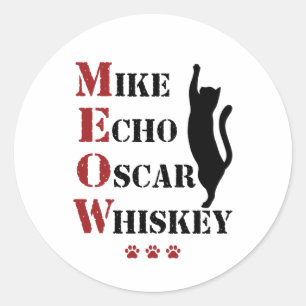Adesivo Redondo Mike Echo Oscar Whiskey MEOW Cat