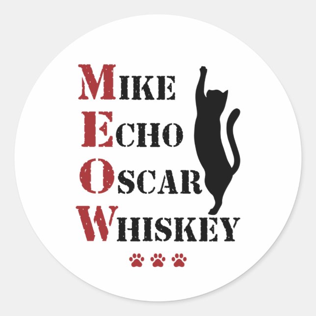 Adesivo Redondo Mike Echo Oscar Whiskey MEOW Cat (Frente)