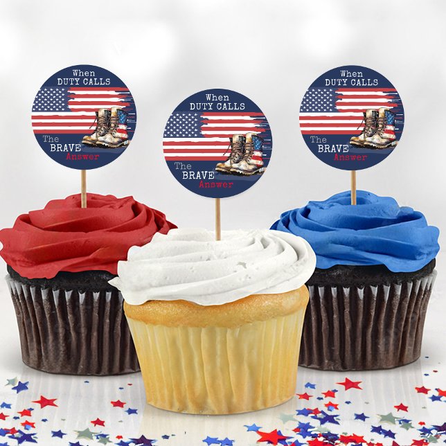 Adesivo Redondo Militares Boots US Flag BLUE Off Party Picks (Navy blue patriotic US flag boots duty calls brave military going away party cupcake pick stickers)