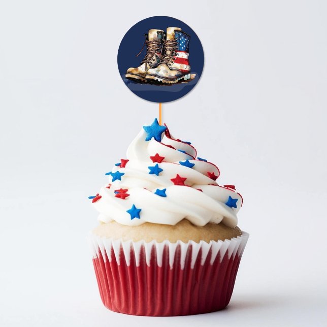 Adesivo Redondo Militares Boots US Flag BLUE Off Party Picks (Navy blue patriotic watercolor US flag combat boots military going away party cupcake pick stickers)