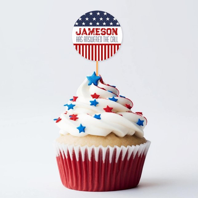 Adesivo Redondo Militares Saindo do Partido Decor Cupcake (Personalized name US flag patriotic military going away farewell party cupcake picks round stickers)