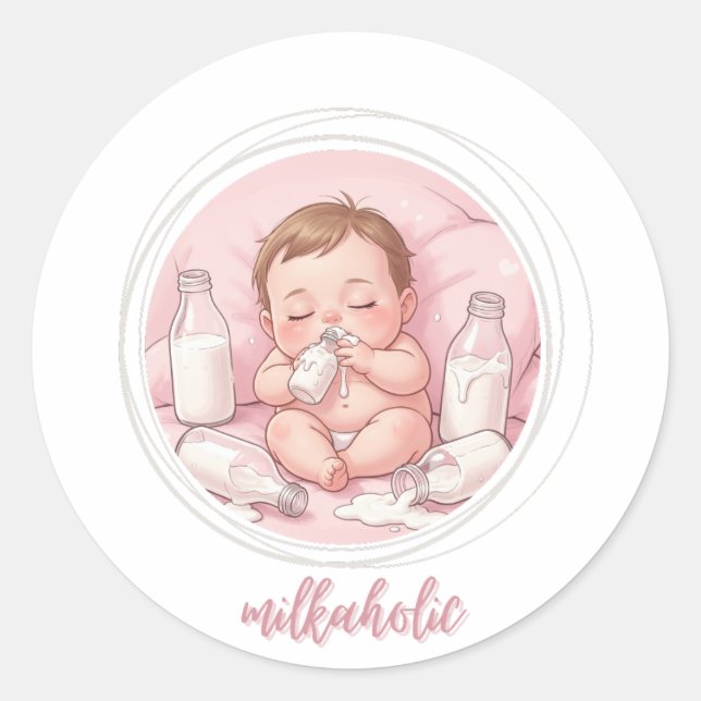 Adesivo Redondo Milkaholic Baby Print | Cute Nursery Funny Art (Frente)