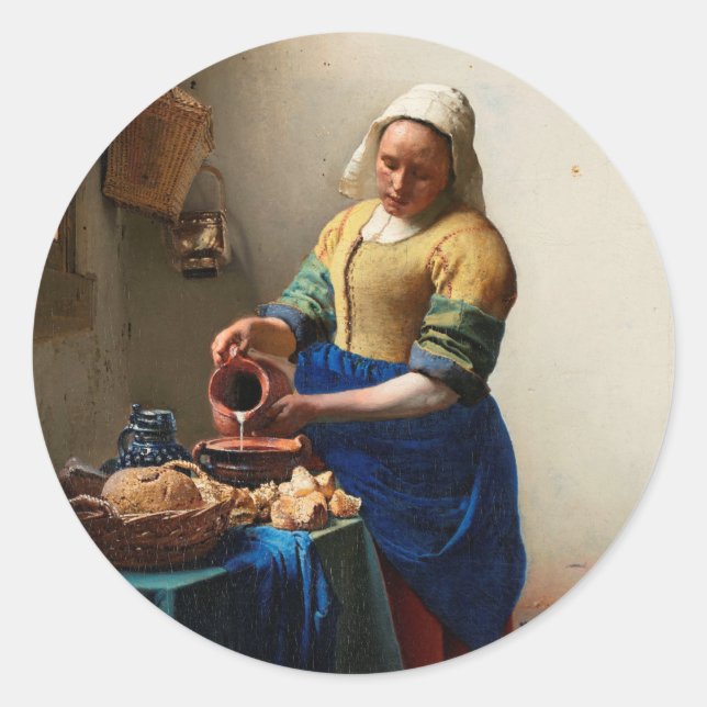 Adesivo Redondo Milkmaid Kitchen Maid por Johannes Vermeer (Frente)