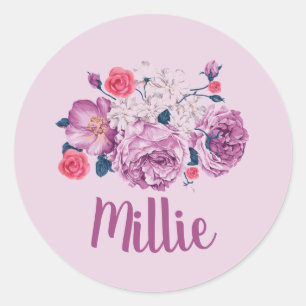Adesivo Redondo Millie Name Floral Custom Vintage Flower Rosa