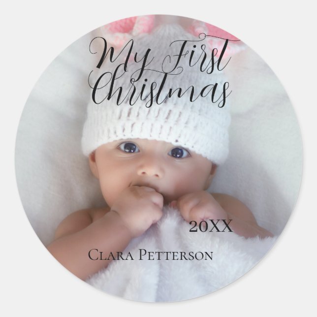 Adesivo Redondo Minha primeira foto de bebê de Natal adiciona nome (Frente)