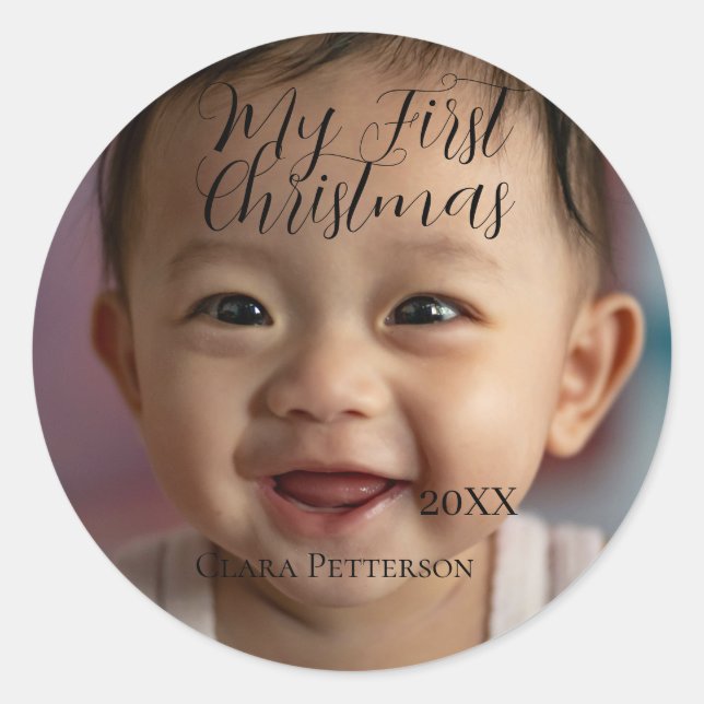 Adesivo Redondo Minha primeira foto de bebê de Natal adiciona nome (Frente)